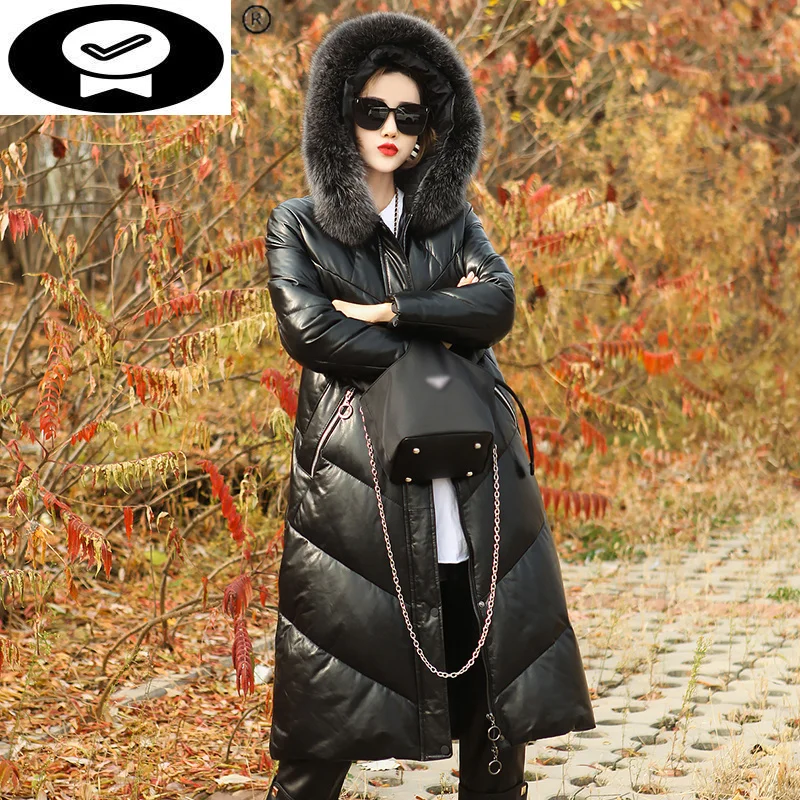 

Jacket Genuine Sheepskin Leather Women Winter 2023 Hooded Warm Fox Fur Collar White Duck Down Coat Manteau Femme Gxy1203