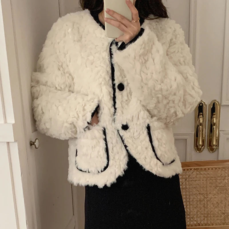 Korean Fashion Loose Fluffy Quilted Coats Female O Neck Long Sleeve Thickened Woman Coat Pocket Sweet Top Women Dropshipping