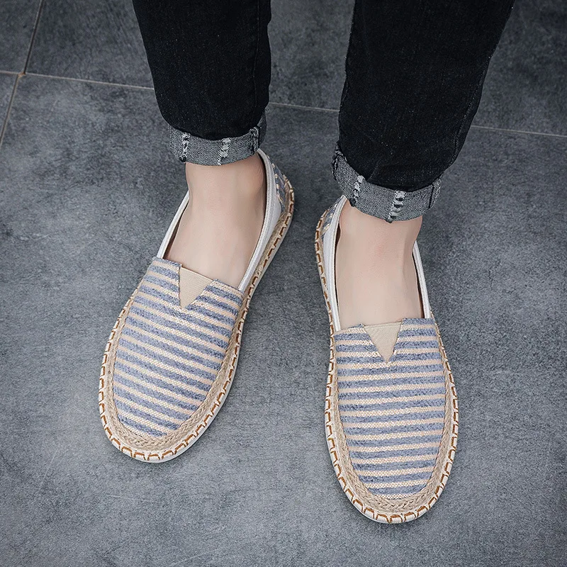 Мужские тканевые туфли синие легкие повседневные холщовые в полоску из дышащего