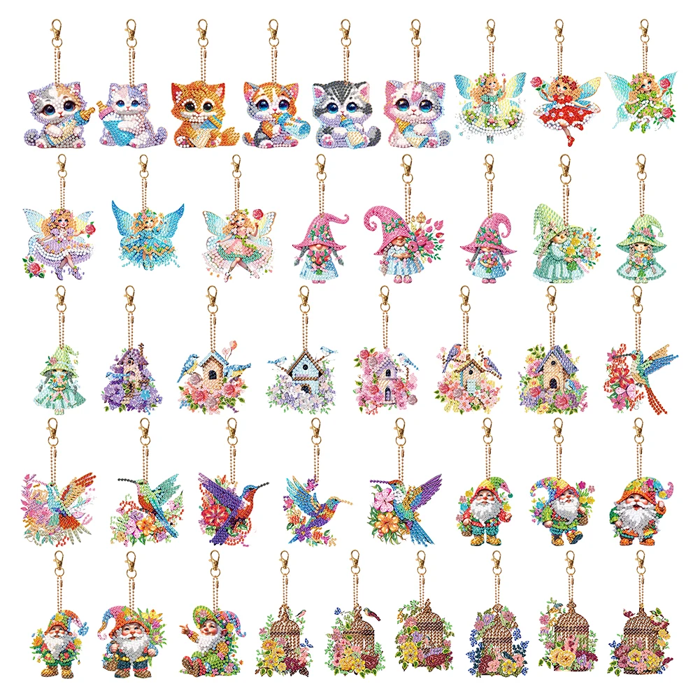 6 шт. двусторонний брелок для ключей с птичьими котами и цветами