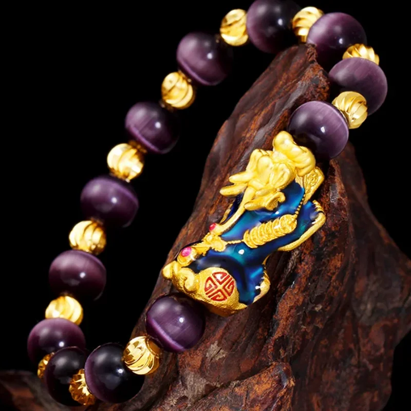 Чистая медь изменение цвета Pixiu фэн-шуй подарок браслет с камнем кошачий глаз для