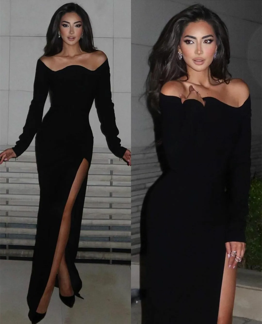 

Elegant Long Black Crepe Evening Desses With Slit Mermaid Floor Length حزب اللباس Prom Dresses for Women