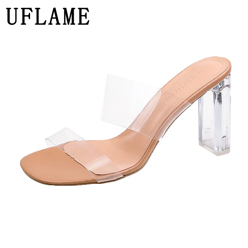 

fashion Women Square Toe Sandals Summer Crystal Clear Shoes Ladies High Heels Sandals Female Transparent Wedding Beach Slippers