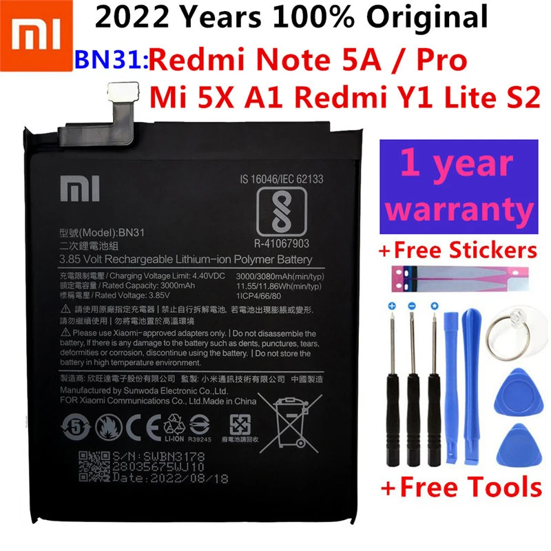 

100% Original 3080mAh BN31 Battery with Temperature sensor For Xiaomi Mi 5X Mi5X \ Redmi Note 5A 5A pro Mobile Phone Batteries