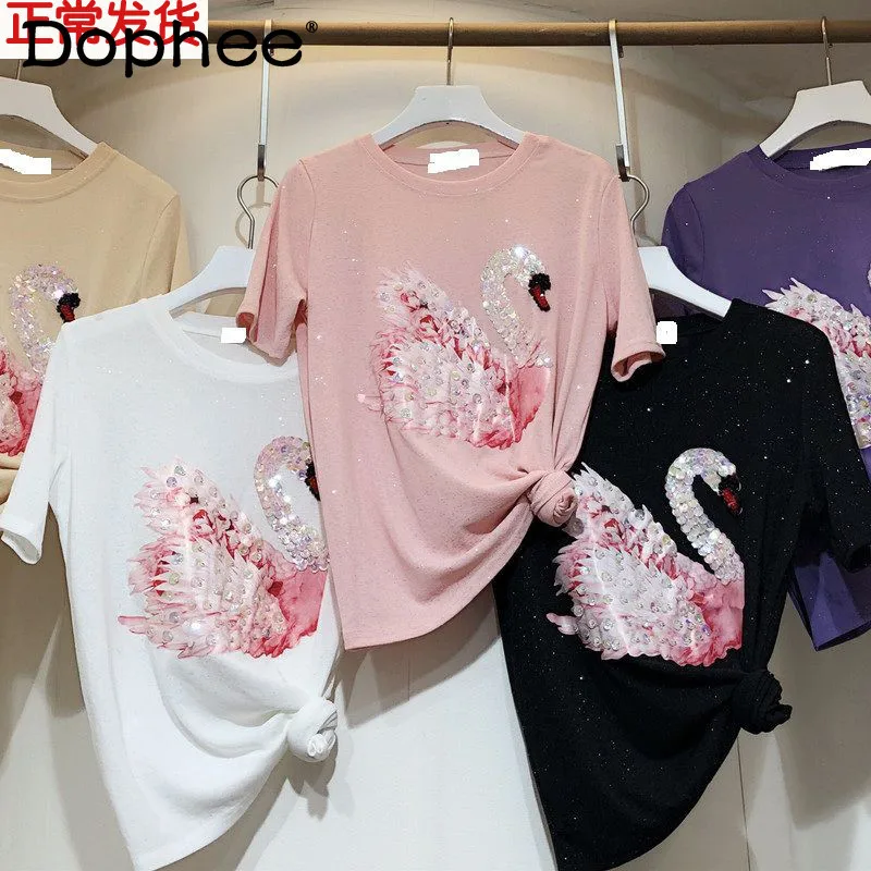 Женская футболка с вышивкой и блестками Летняя трикотажная коротким рукавом