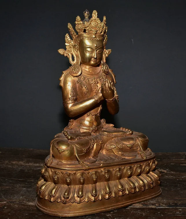 12 8-дюймовая старая тибетская бронза позолоченная статуя Амитаюса долголетия