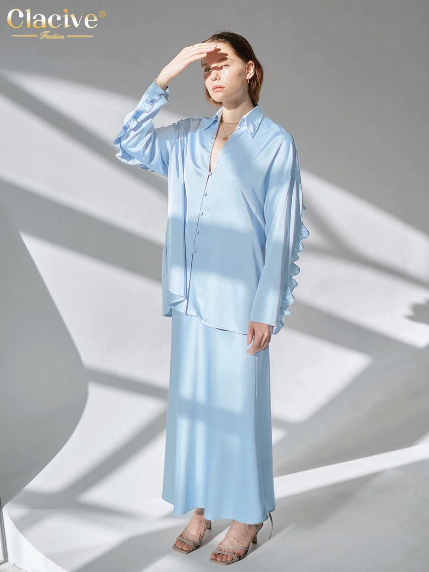 

Clacive Casual Loose Blue Satin Two Piece Sets Womens Outifits Fashion Lapel Long Sleeve Ruffle Blouse With Silky Long Skirt Set