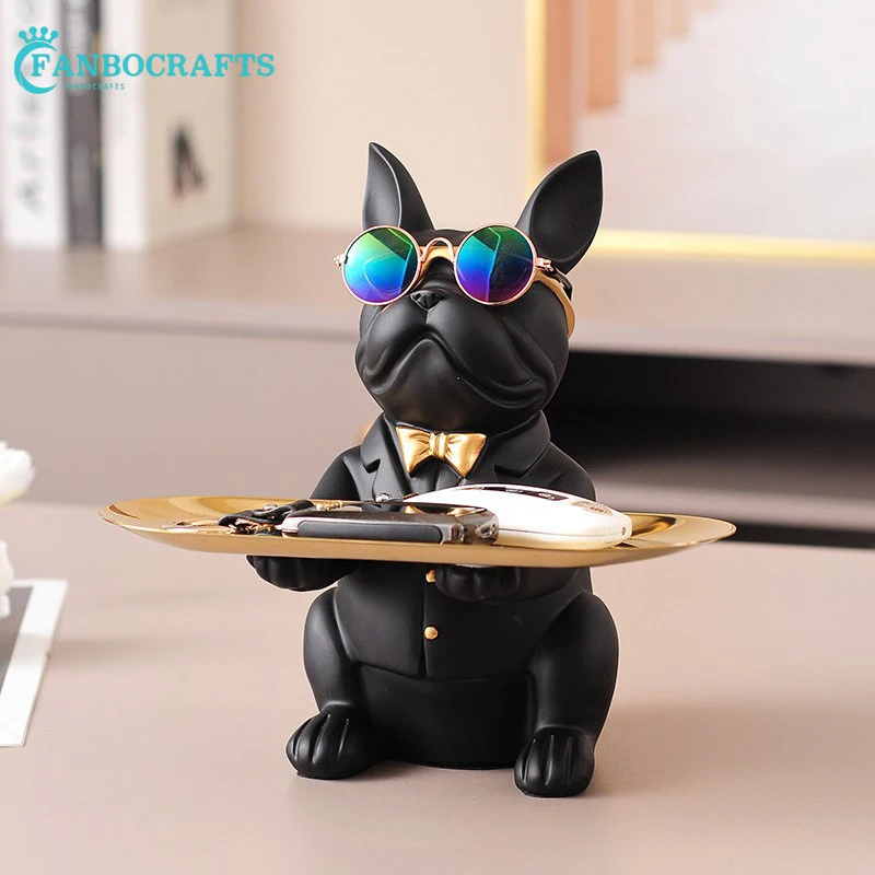 

French Bulldog Sculpture Dog Statue Decorative Figurine Storage Tray Coin Piggy Bank Entrance Key Snack Holder with Glasses