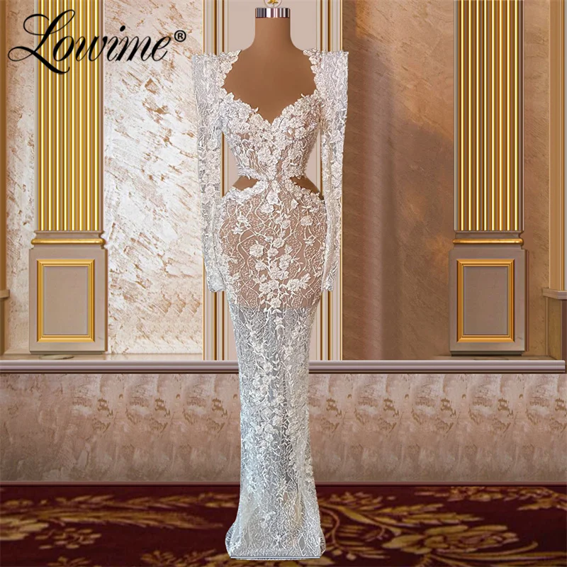 

Женское вечернее платье-Русалка Lowime, цветочное кружевное платье с вырезами и жемчугом, платье для выпускного вечера с длинными рукавами, ин...