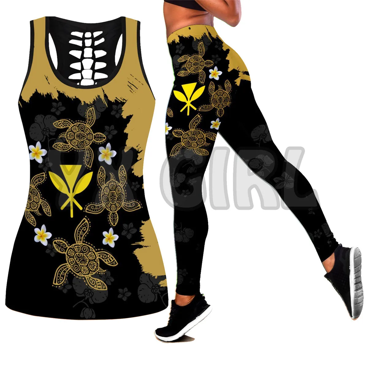 Amazing Polynesian Turtle With Plumeria Flowers 3D Printed Tank Top+Legging Combo Outfit Yoga Fitness Legging Women