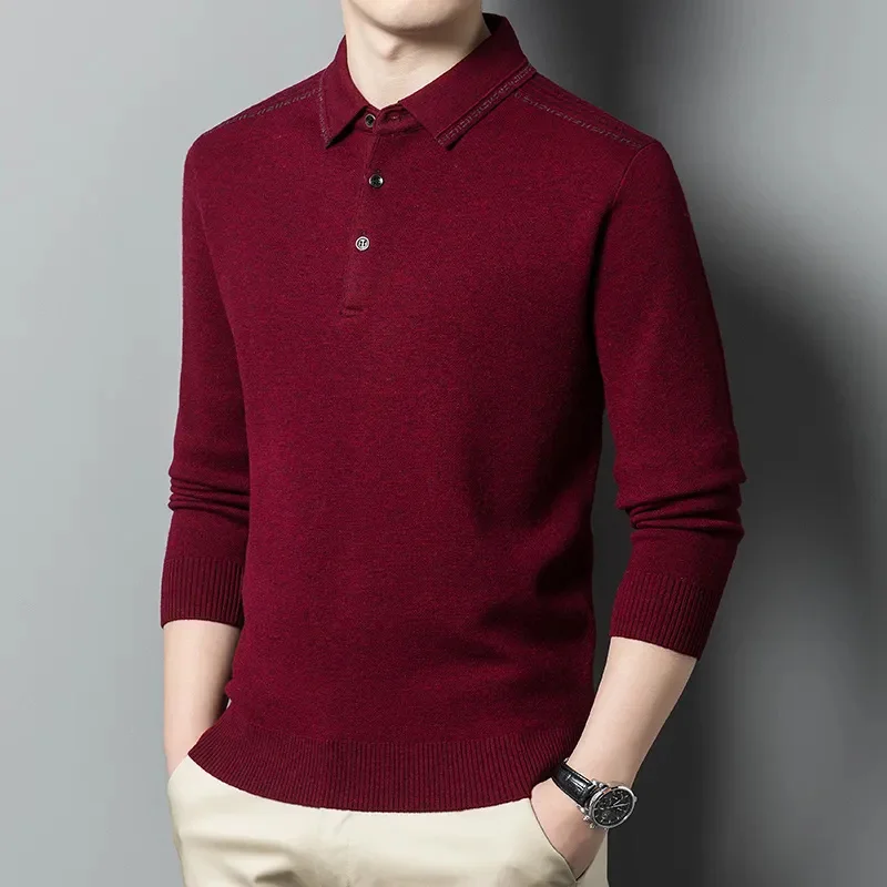 

Зимний утепленный теплый шерстяной свитер с лацканами, рубашка поло из 100% чистой шерсти, высококачественные изысканные мужские пуловеры