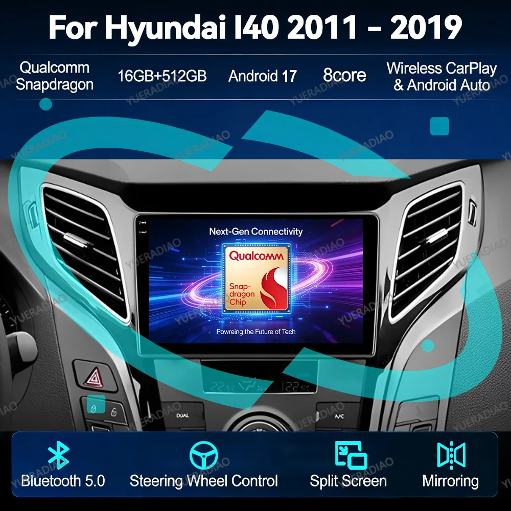 Фото Автомагнитола Android 17 для Hyundai I40 2012-2016, мультимедийный видеоплеер QLED, 4G LTE, 5G WIFI, GPS NAVI, головное устройство 2DIN, BT №1