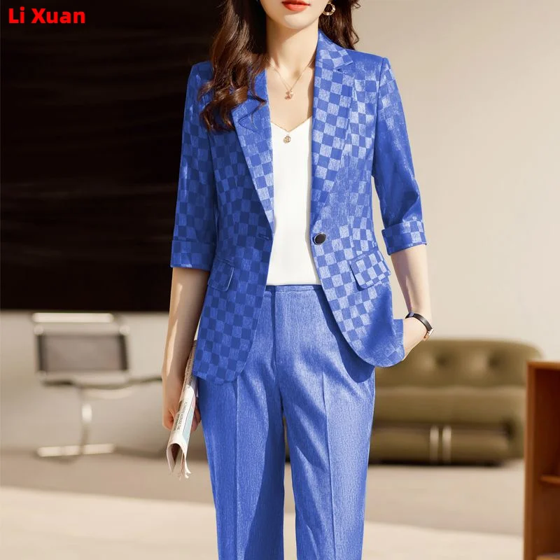 2023 Spring Suit Elegant Women Office Trousers Outfits Slim Print Plaid Casual Blazer Jackets  Pants Korean Femme 2 Piece Sets