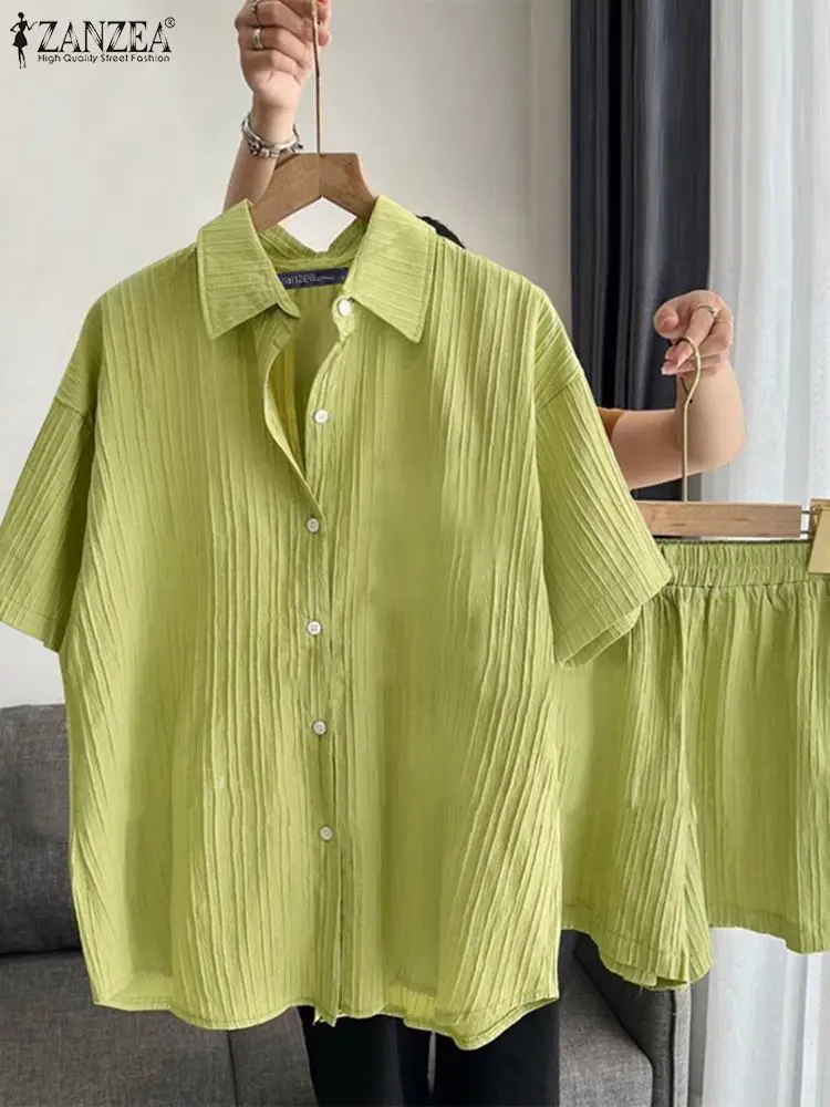 Женский комплект из 2 предметов ZANZEA лето 2024 рубашка с коротким рукавом топ и брюки