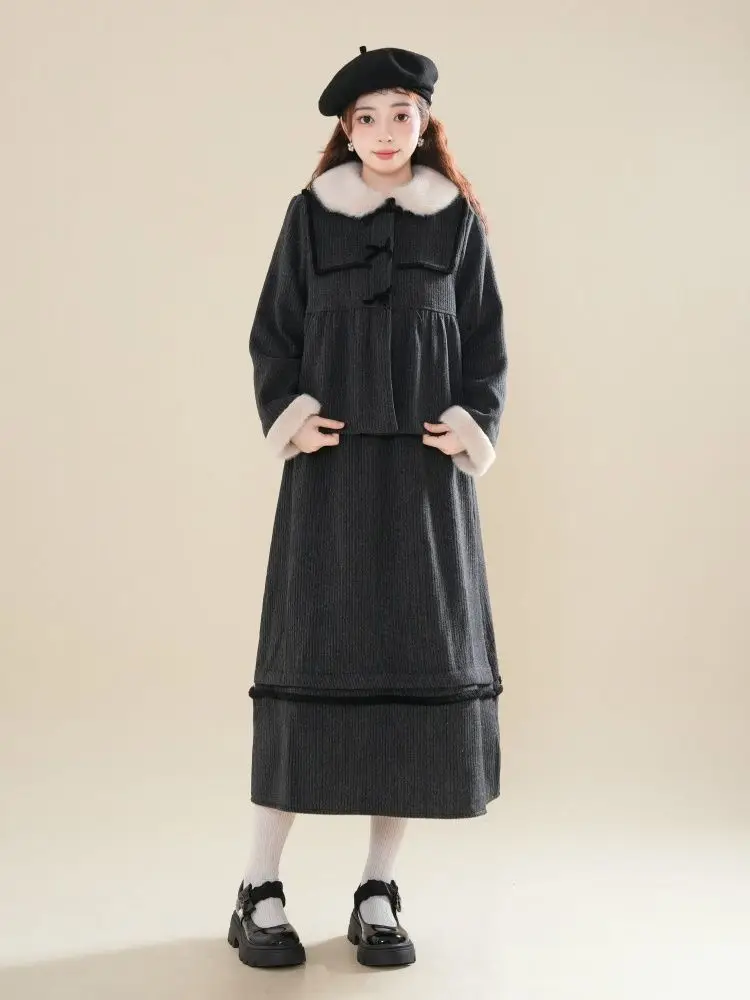 Костюм с юбкой шерстяное пальто стеганая куртка лацканами + юбка трапециевидной