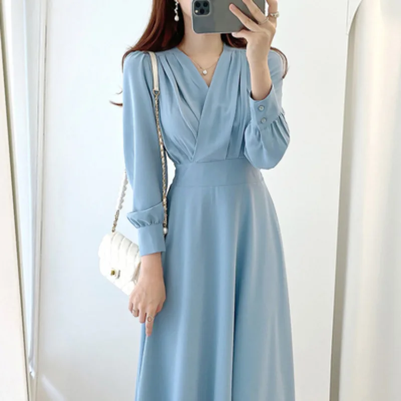 

Women V-Neck Solid High Waist Dress Elegant Luxury Long Midi A-Line Dress Ladies Style Retro Ladies Dresses Thin Waist Grace