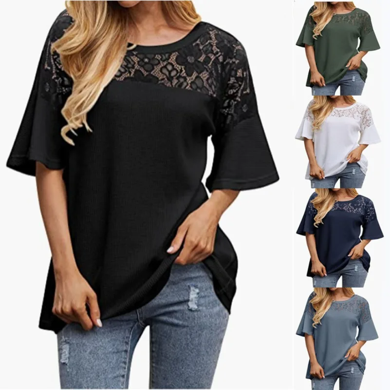 

2023 Womens Tshirt Summer Lace Patch Waffle Loose Round Neck 3/4 Sleeve Top Tshirt for Women