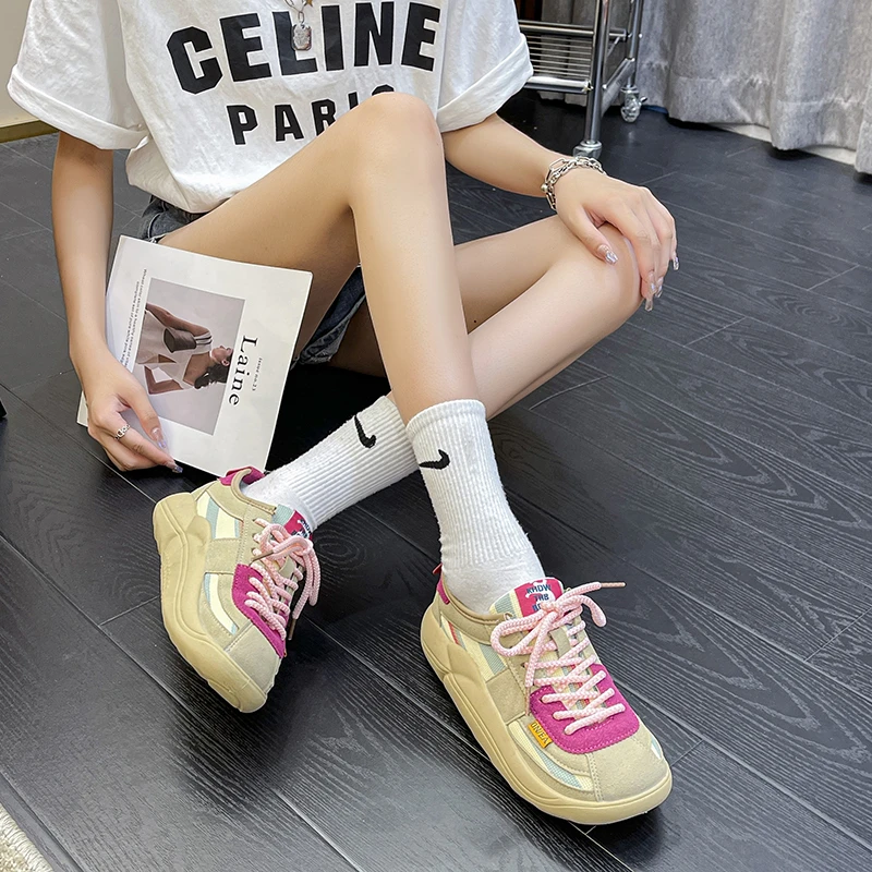 

Lace-Up Mixed Colors Trainers Women's Vulcanized Shoes 2022 Fashion Platform Dad Sneakers Breathable Female Outdoor Casual Shoes
