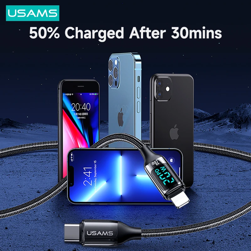 Кабель USAMS U78 3A PD 20 Вт со светодиодным дисплеем кабели для быстрой зарядки USB A C
