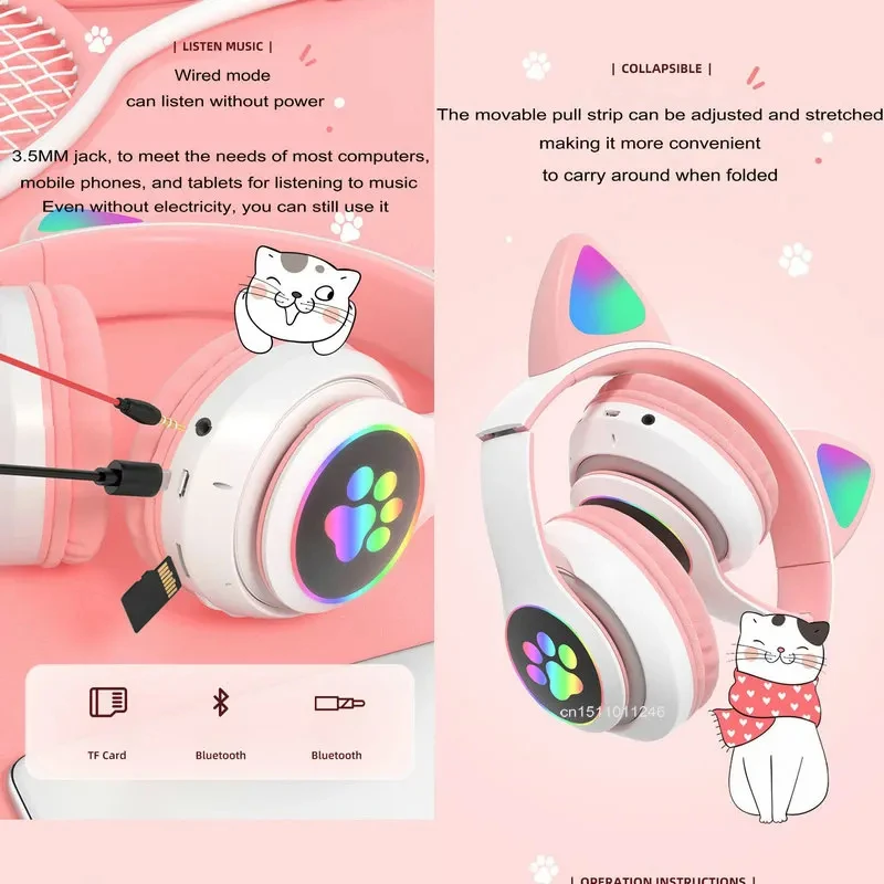 Кошачьи уши Fones de ouvido sem fio com controle microfone Светодиодная вспышка Capacete música estéreo Bluetooth fone