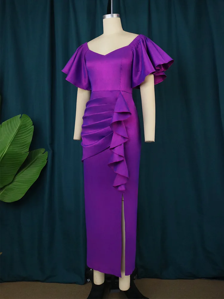 Plus Size Dresses Solid Square Neck Dress Mid-Calf Tierred Ruffle One Step Dress Party Dresses Evening Dresses Flare Sleeve