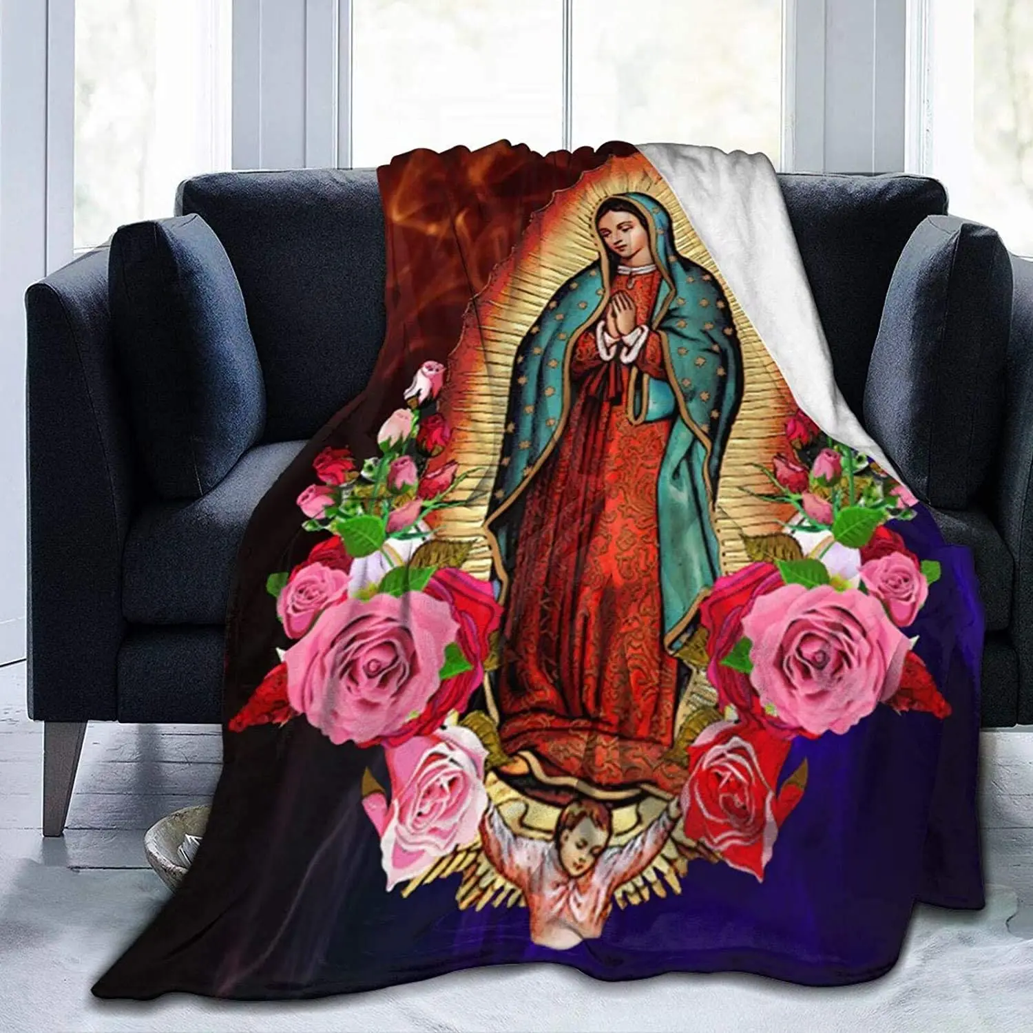 Guadalupe Virgin Mary Pattern Blanket Super Soft Flannel Blanket, Suitable for Bed, Sofa, Living Room, Office Nap Warm Blanket