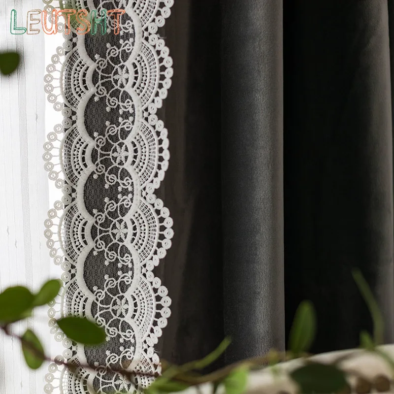 French Curtains for Living Dining Room Bedroom Luxury Decor Black Lace Princess Curtains French Window Japanese Home Decor