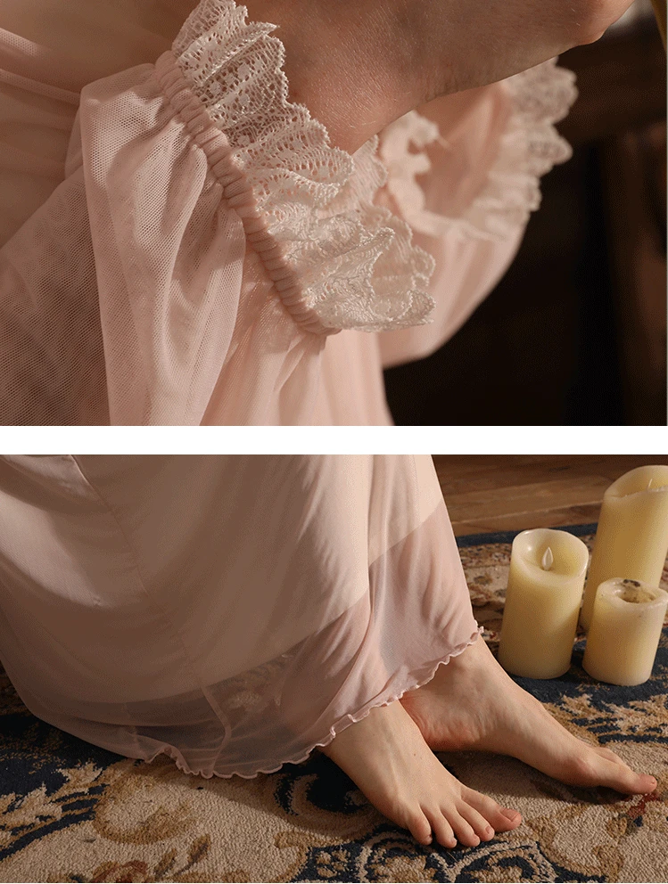 NEW Women's Retro Court Style V Neck Gauze Stitching with Removable Chest Pad Modal Nightgowns Sleepshirts Sleepwear