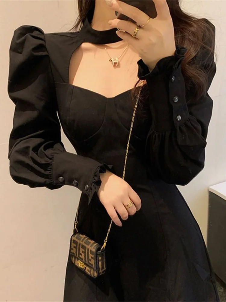 

QWEEK Office Ladies Black Mini Dress Women Vintage Party Long Sleeve Short Dresses Party Designer 2022 Autumn Fashion Outfits
