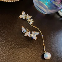 new asymmetric full diamond butterfly pearl pendant earrings for women korean fashion earring daily birthday party jewelry gifts