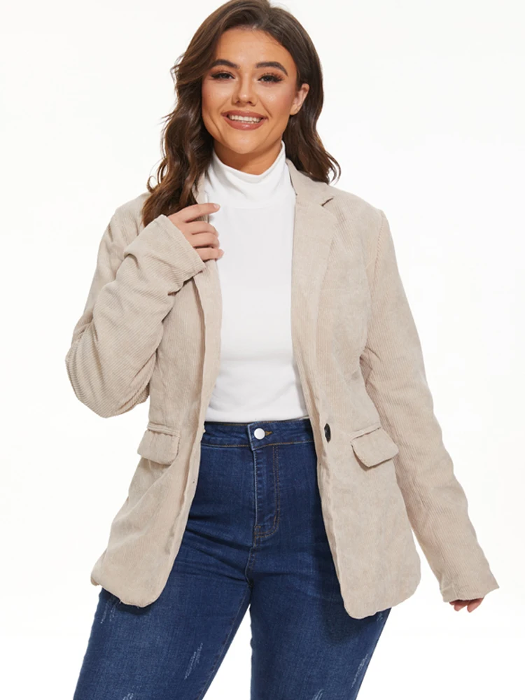 

Vangull Spring Fashion Khaki Corduroy Women Jackets Long Sleeve Office Ladies Coat Slim Pockets Lapel Blazers Liner Outwears