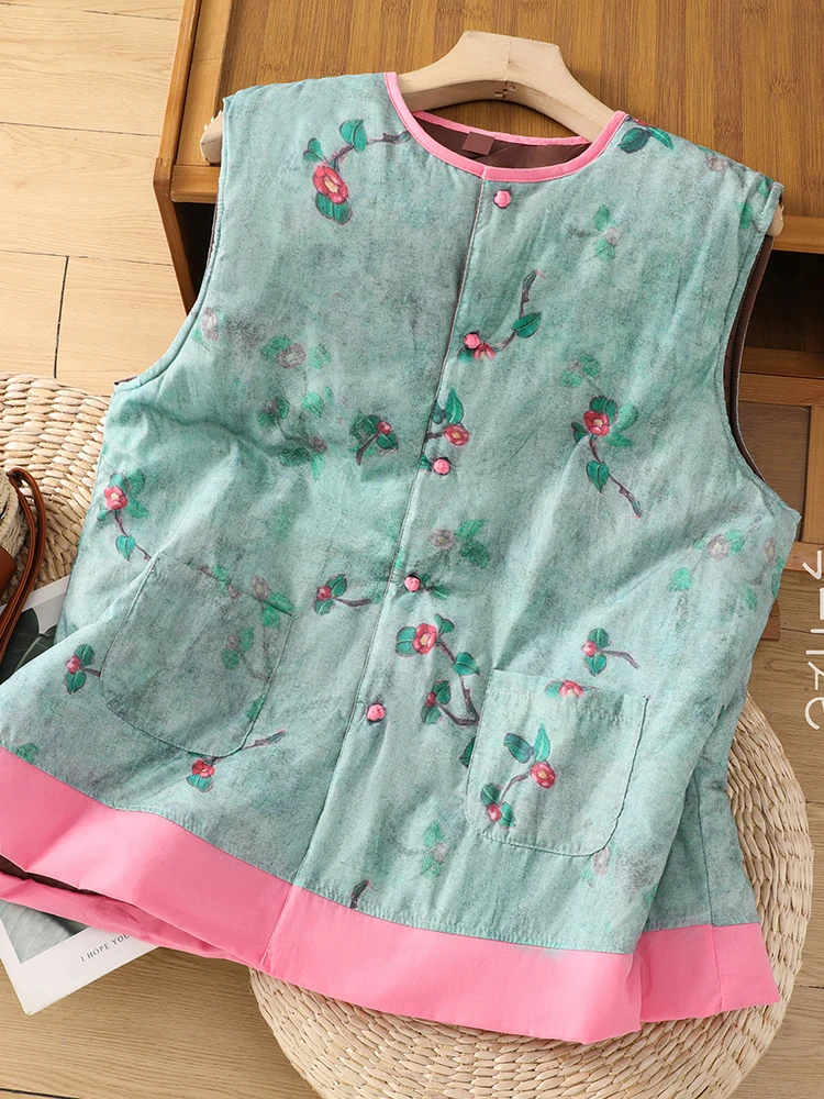 New Chinese Sle Buckle Quilted Vest Women 2024 Winter Retro National Zen Print Waistcoat Cotton-padded jacket Top