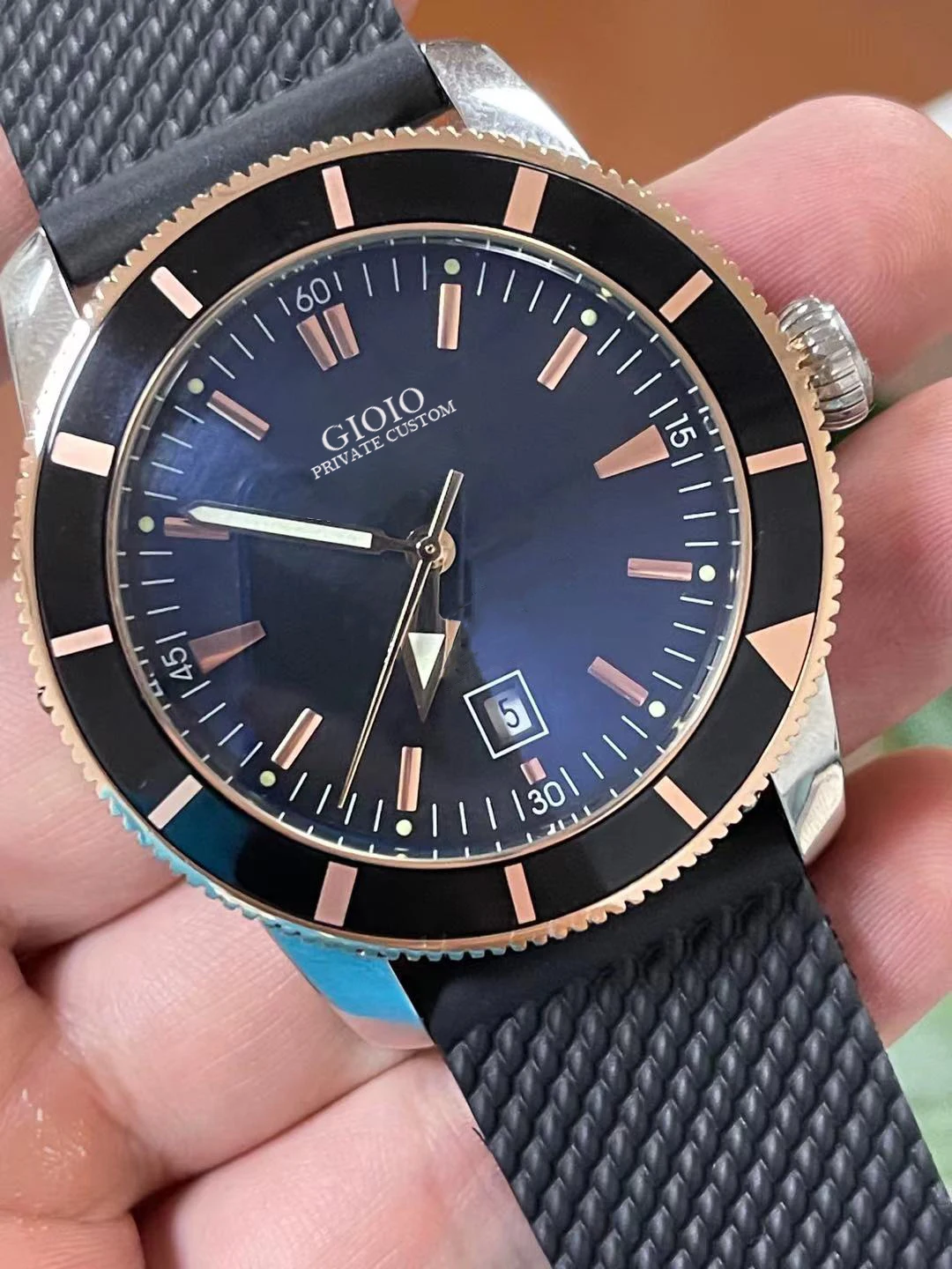 

Black Blue Rubber SuperOcean Rose Gold Mens Ceramic Automatic Mechanical Watch