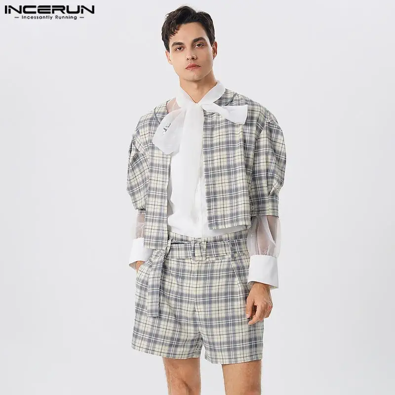 

American Style Fashion Sets New Men Bubble Sleeve Short Plaid Top Shorts Casual Party Hot Sale Two Piece Sets S-5XL INCERUN 2023