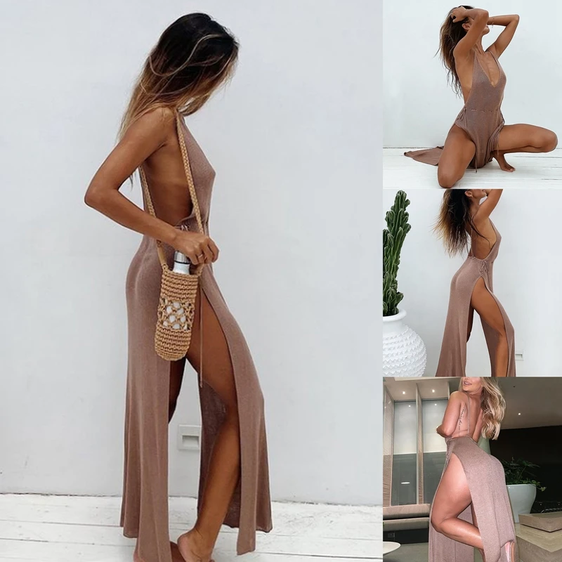 

Summer Women Sexy High Split Beach Dress Deep V Neck Sleeveless Backless Spaghetti Strap Long Dress