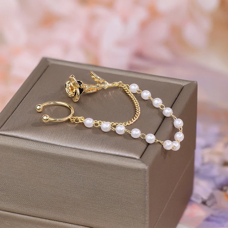 

Creative Fashion Bohemia Pearl Earring for Lady 14K Real Gold Rose Flower Ear Bone Clip Drop Earrings Wedding Jewelry Pendant