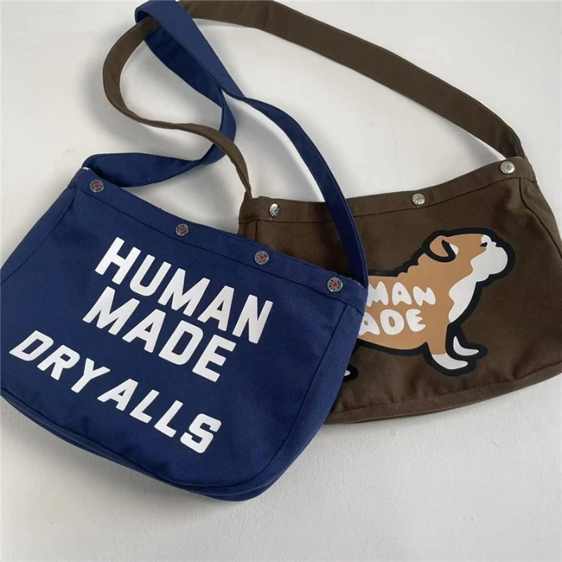 

Canvas Human Made Logo Dog Bag Men Women Dryalls Cartoon Graphic Snap Button Human Made Casual Bags Vintage Backpacks Tote y2k