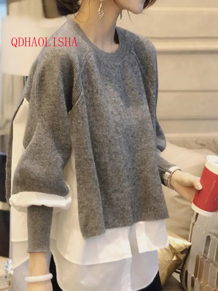 

Женский зимний свитер 2023, рубашка с двойными вставками, модные вязаные женские рубашки на осень и зиму, пуловер, Топ с длинным рукавом