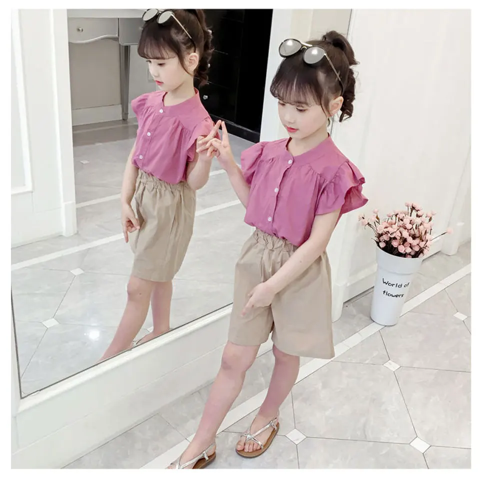 

Fashion Casual Children Clothes 2Pieces Summer Set For 3-12Yrs Girls Clothes Single Breasted t-shirt And Short Pant Outfits
