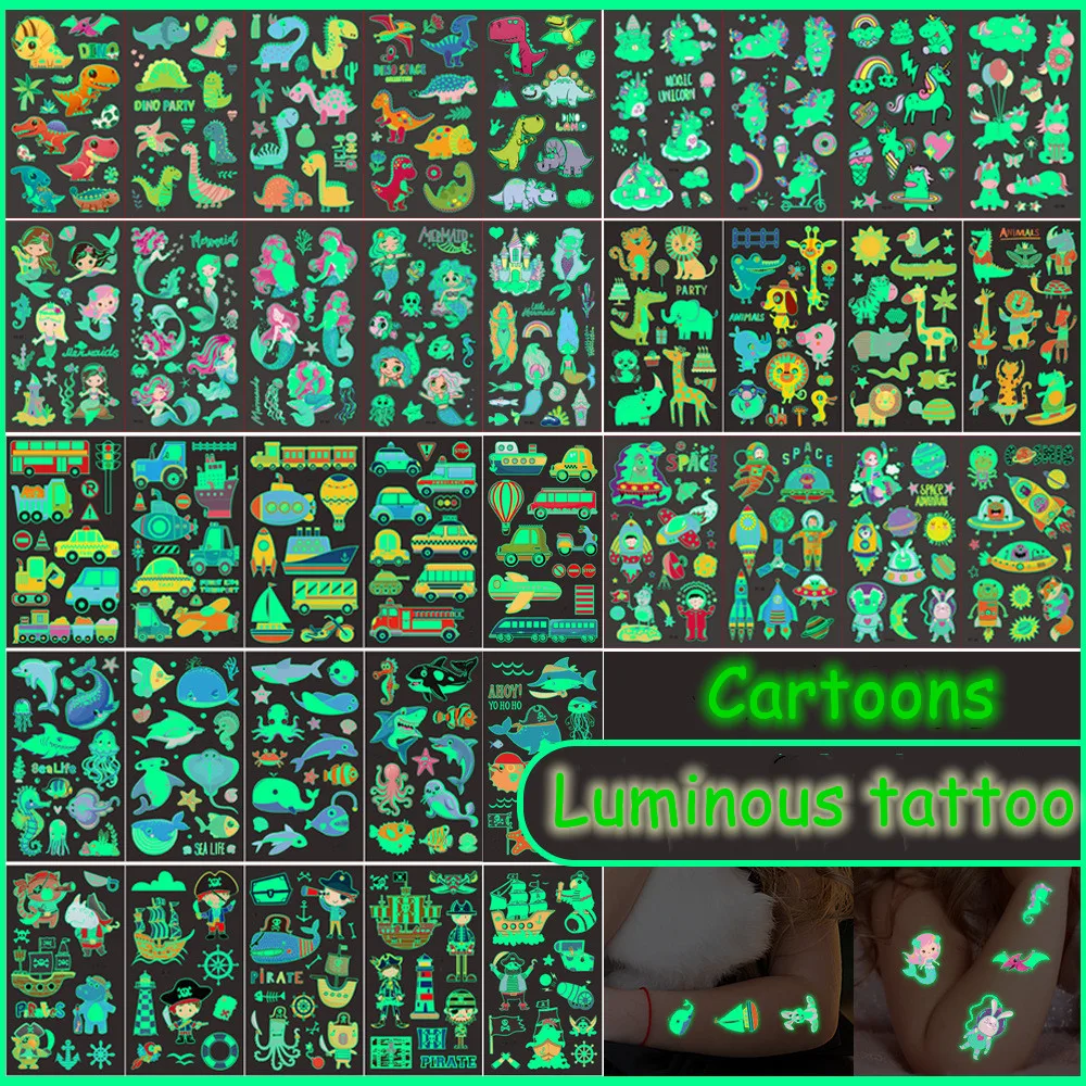 

Светящаяся татуировка для лица, временный цвет, единорог, Русалка, динозавр, тату, милая детская татуировка, наклейка для тела, тату для дете...