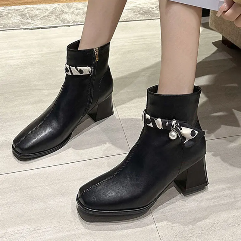 

Women Pearl Chelsea Ankle Boots High Heels Shoes 2022 Winter New Thick Pumps Square Toe Black Casual Ladies Zipper Snow Botas