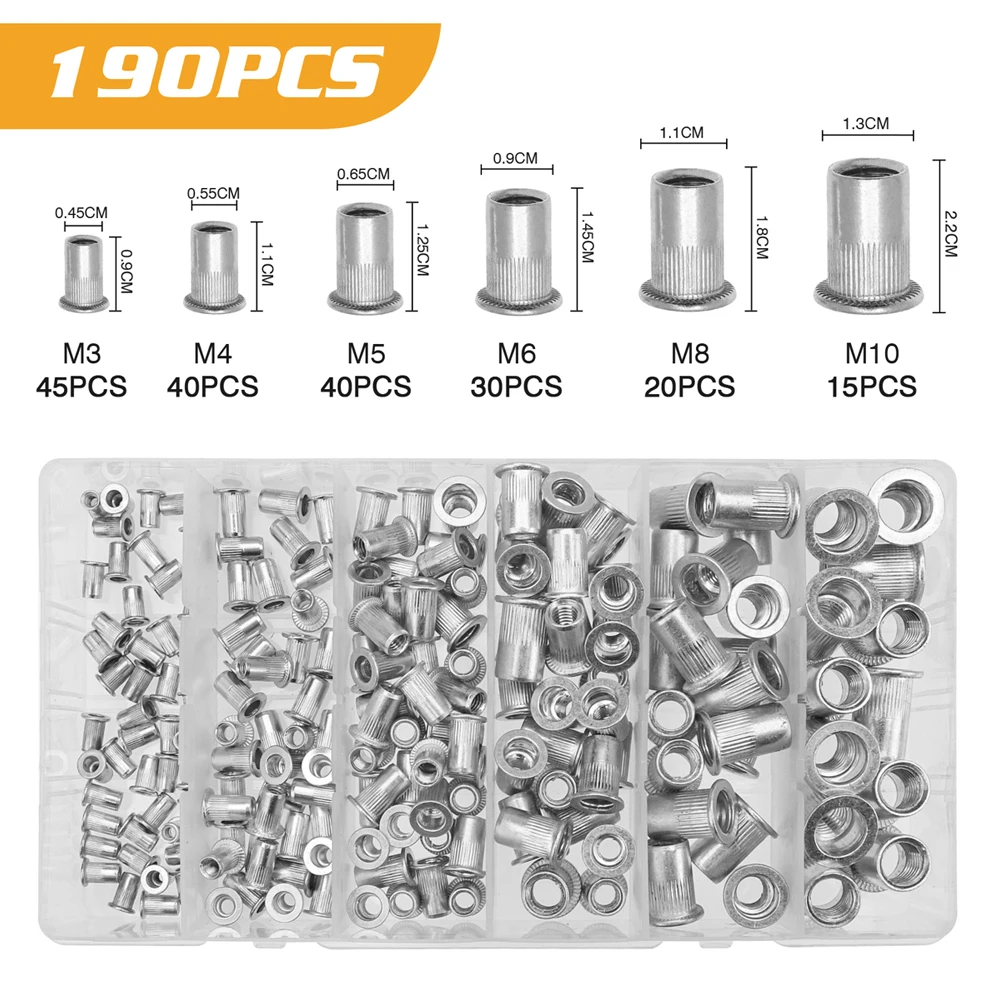 

190 M3 M4 M5 M6 M8 M10 Aluminum Rivet Nuts Flat Head Thread Insert Nut Rivet Cap Set Thread Insert Rivet Nut