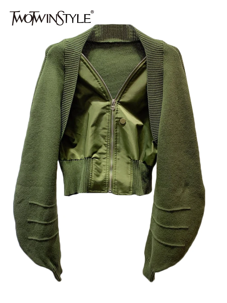 

TWOTWINSTYLE Slim Autumn Jacket For Women V Neck Puff Sleeve Long Sleeve Patchwork Solid Casual Zipper Jackets Female Clothing