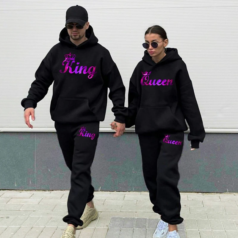 

Lover Tracksuit Hoodies Purple Printing QUEEN KING Couple Sweatshirt Plus Size Hooded Clothes Hoodies Women Two Piece Set