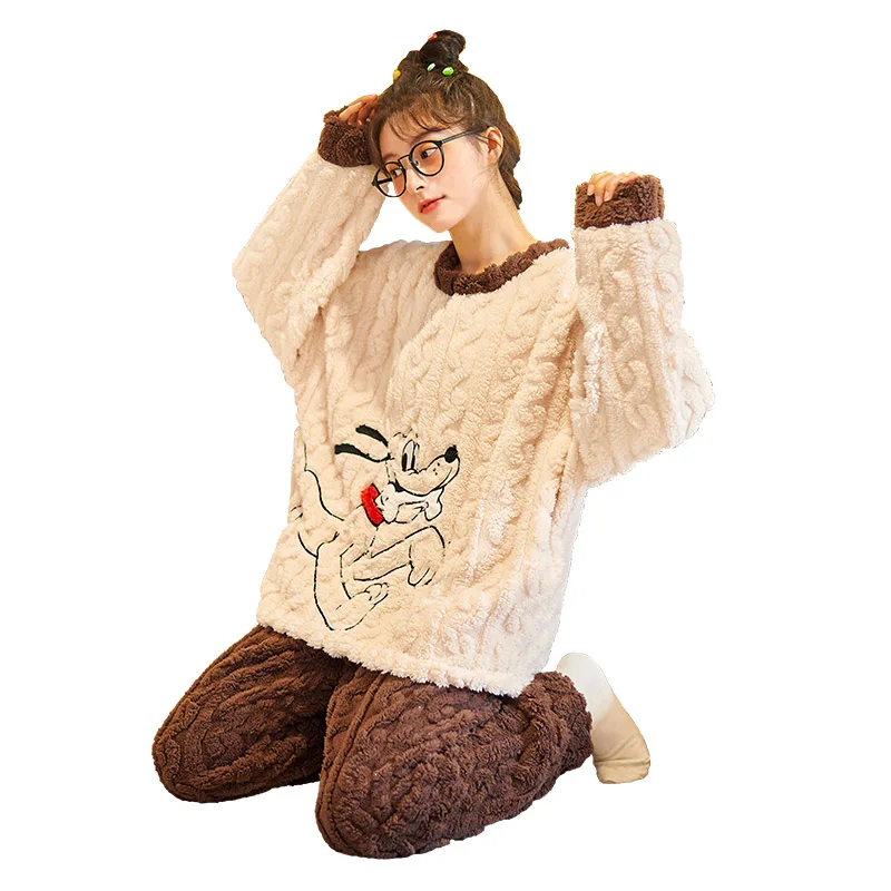 Women Sleepwear Coral Fleece Winter Pajamas Loose Version Inspissate Flannel Pullover Plus Size Cartoon Plush Pajama Set