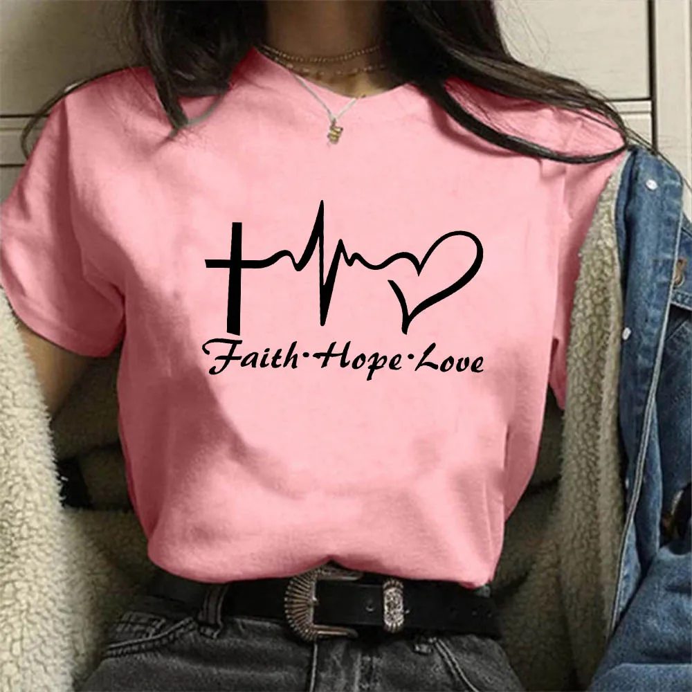 

Women T-Shirt Faith Hope Love Print Summer O-neck Short Sleeve Jesus Unisex Tees