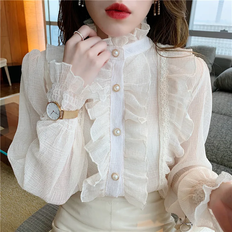 

Korean Ruffle Lace Chiffon Shirt Spring Sweet Chic Long Puff Sleeve Women Blouse Apricot Tops Stand Collar Clothes Blusas 13433