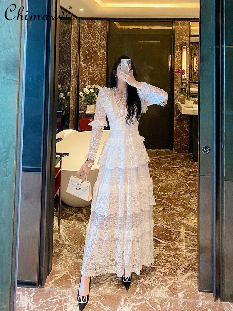 

2022 Spring Clothes New High-end Lace V-neck Long-Sleeved Dress Fashion High Waist Slimming Elegant Maxi Dress for Women