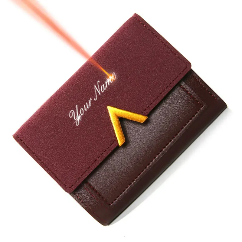 

2022 Short Women Wallets Free Name Customized Metal V-Shaped Decoration PU Leather Female Wallets Card Holder Women'sPurse