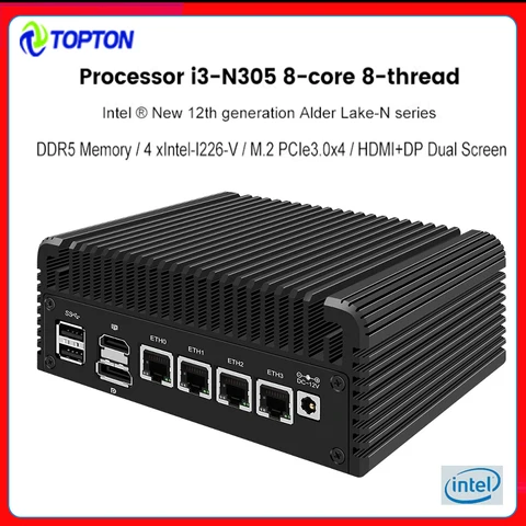 Безвентиляторный брандмауэр, мини-ПК 12-го поколения Intel i3 N305 N200 N100 DDR5 4800 МГц 4xi226-V 2,5G LAN, мягкий маршрутизатор Proxmox ESXi, хост-сервер